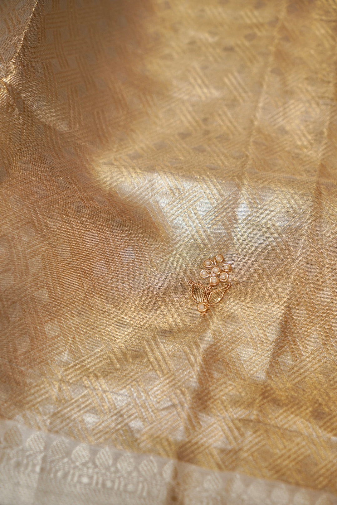 Beige Gold Designer Banarasi Brocade Tissue Silk Saree with Hand Embroidery