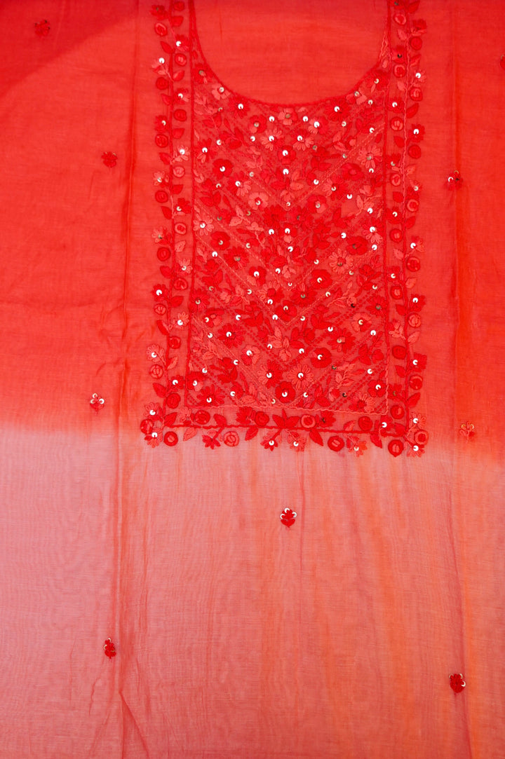 Pure Mul Chanderi Unstitched Suit with Ombre Kurta & French Knot Embroidery