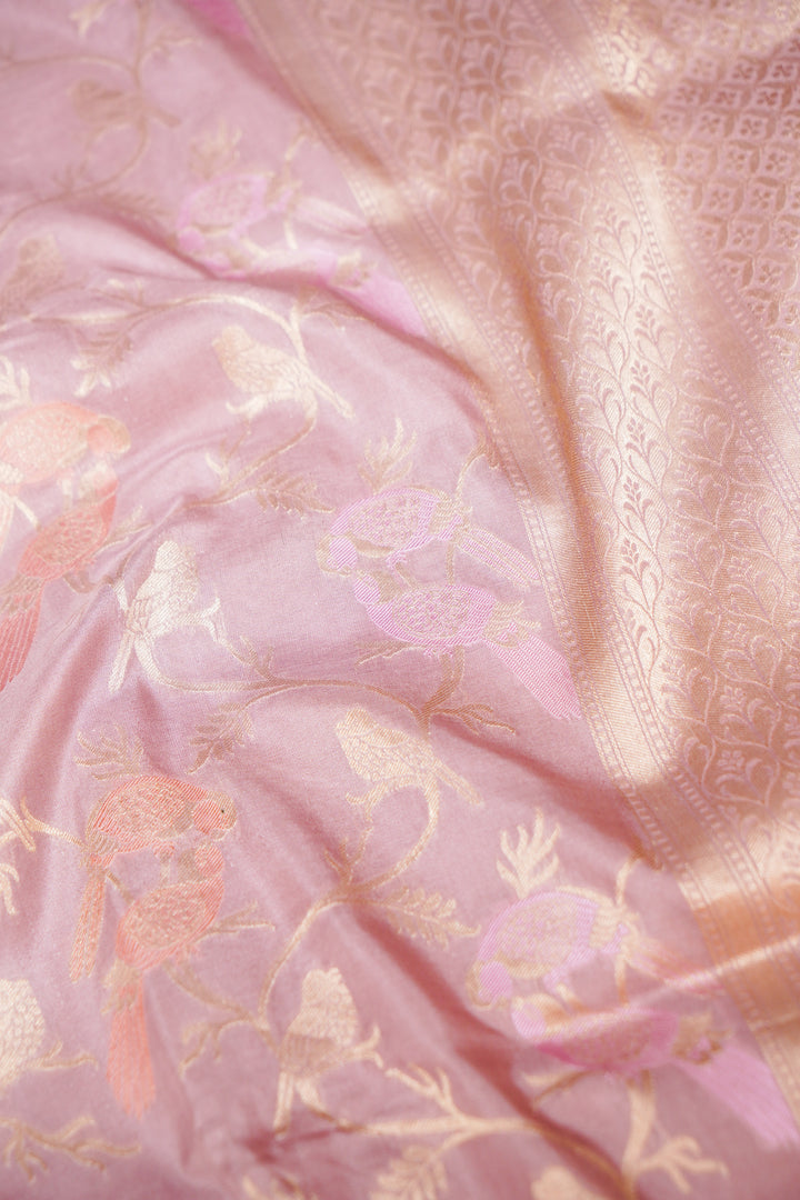 Rose Gold Pure Banarasi Handloom Katan Silk Meenakari Jaal Bird Motifs Saree
