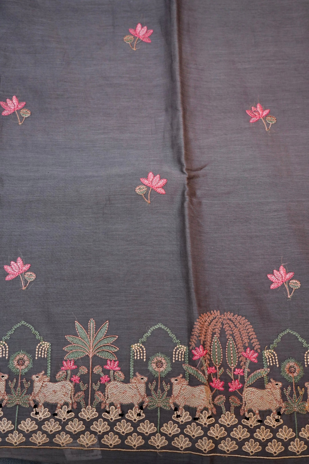 Grey Pure Chanderi Silk Suit Set with Pichwai Thread Embroidery