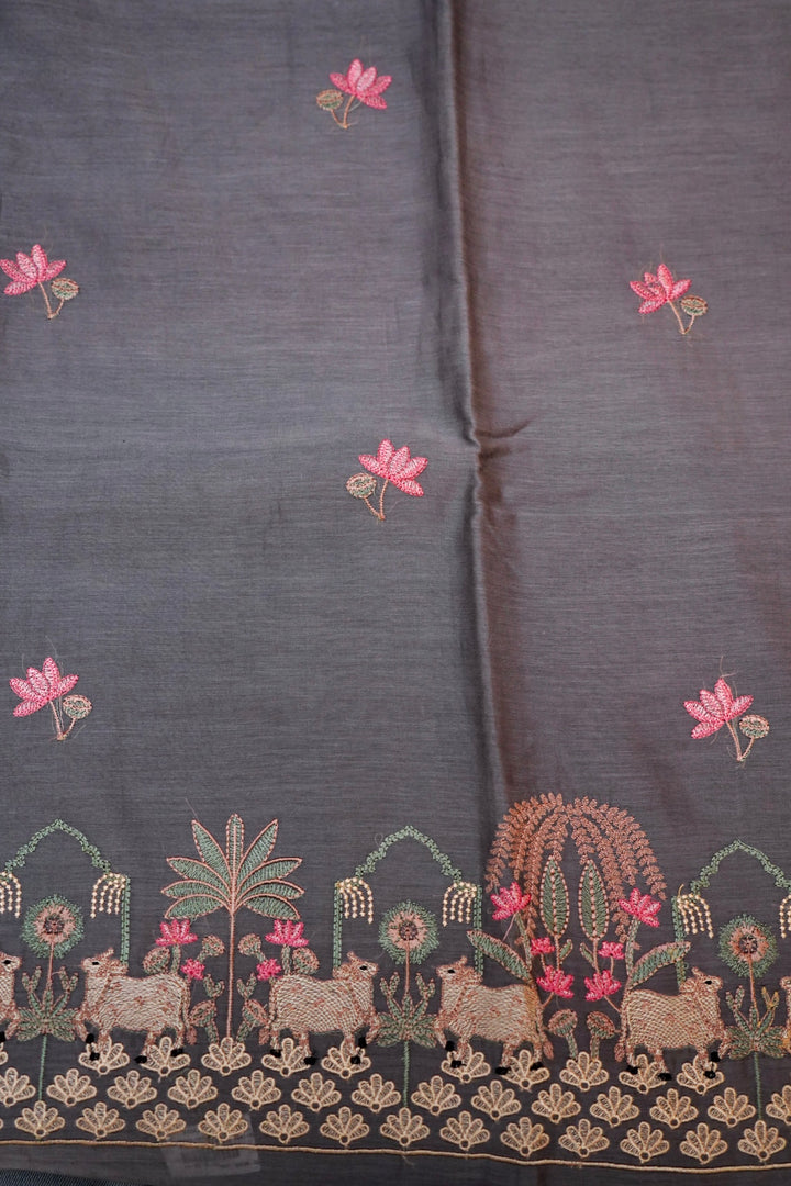 Grey Pure Chanderi Silk Suit Set with Pichwai Thread Embroidery