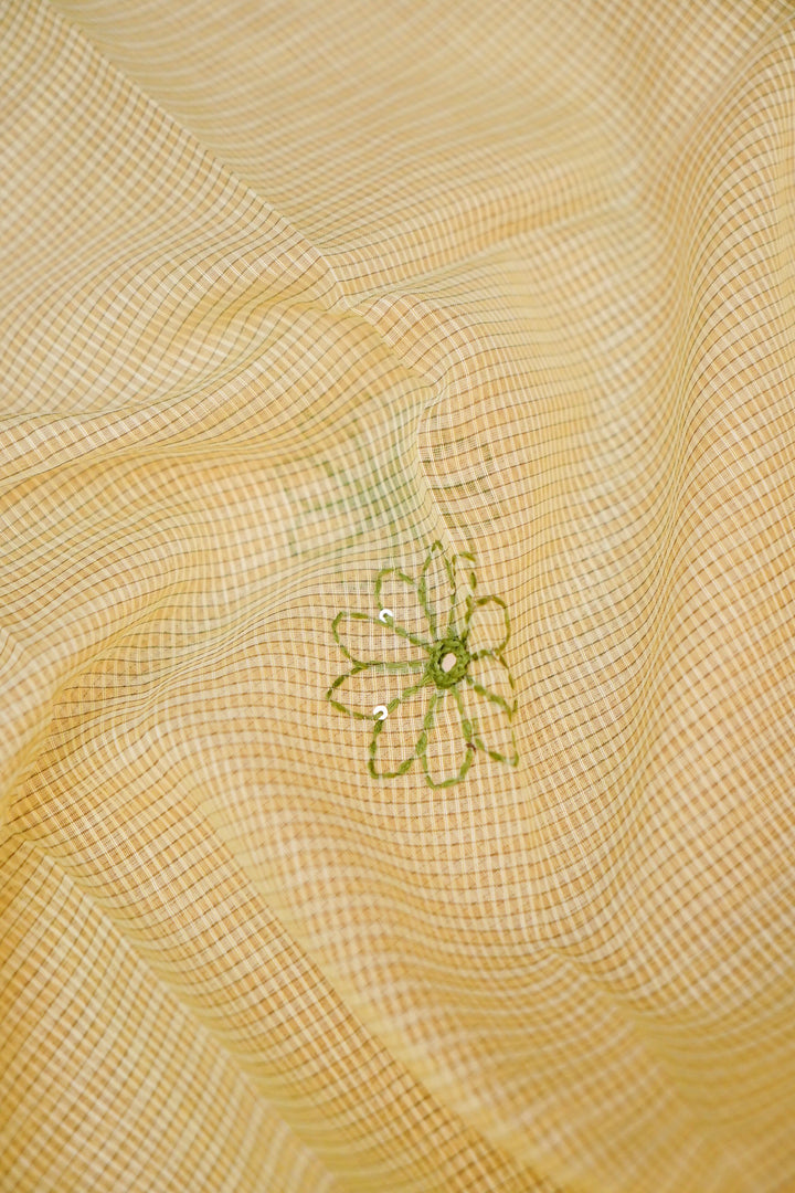 Pastel Green Pure Chanderi Kota Fabric with French Knot Thread Embroidery