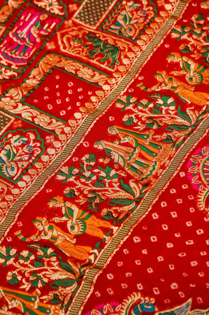 Maroon Handwoven Pure Khaddi Georgette Bridal Bandhej Saree View 5