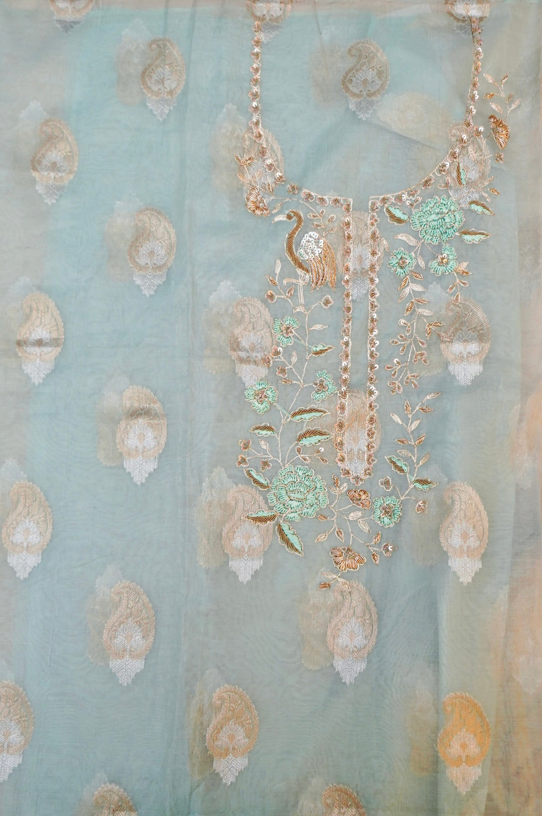 Unstitched Powder Blue Pure Muslin Silk Suit with Hand Embroidery Work