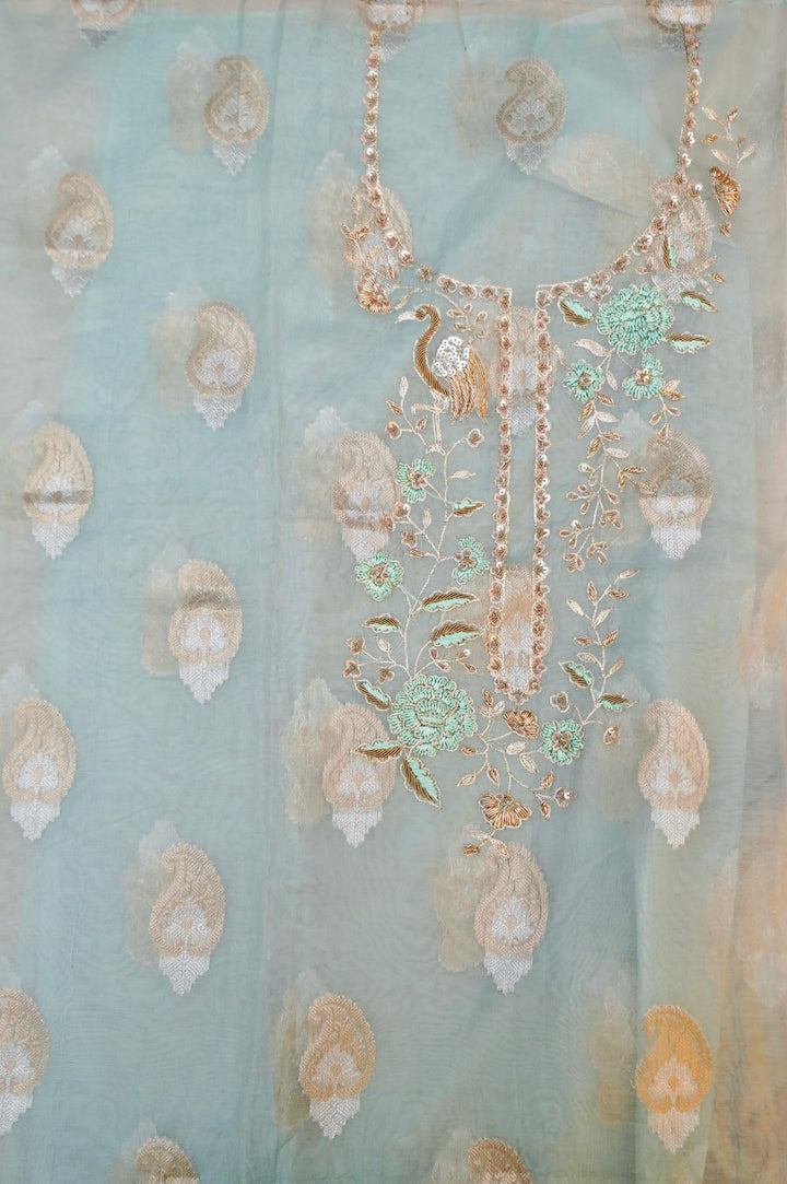 Unstitched Powder Blue Pure Muslin Silk Suit with Hand Embroidery Work