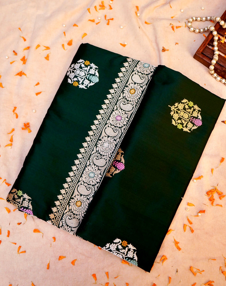 Bottle Green Pure Handloom Katan Silk Kadwa Banarasi Saree with Meenakari Motifs