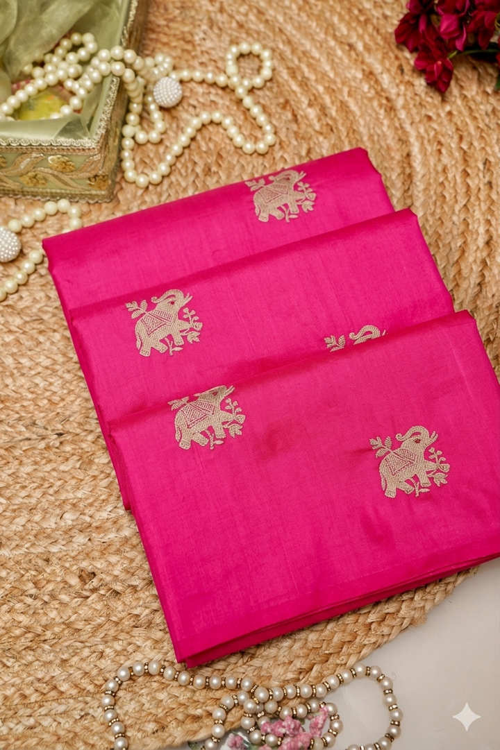 Regal Hot Pink Handwoven Banarasi Pure Puna Silk Saree with Zari Elephant Motifs
