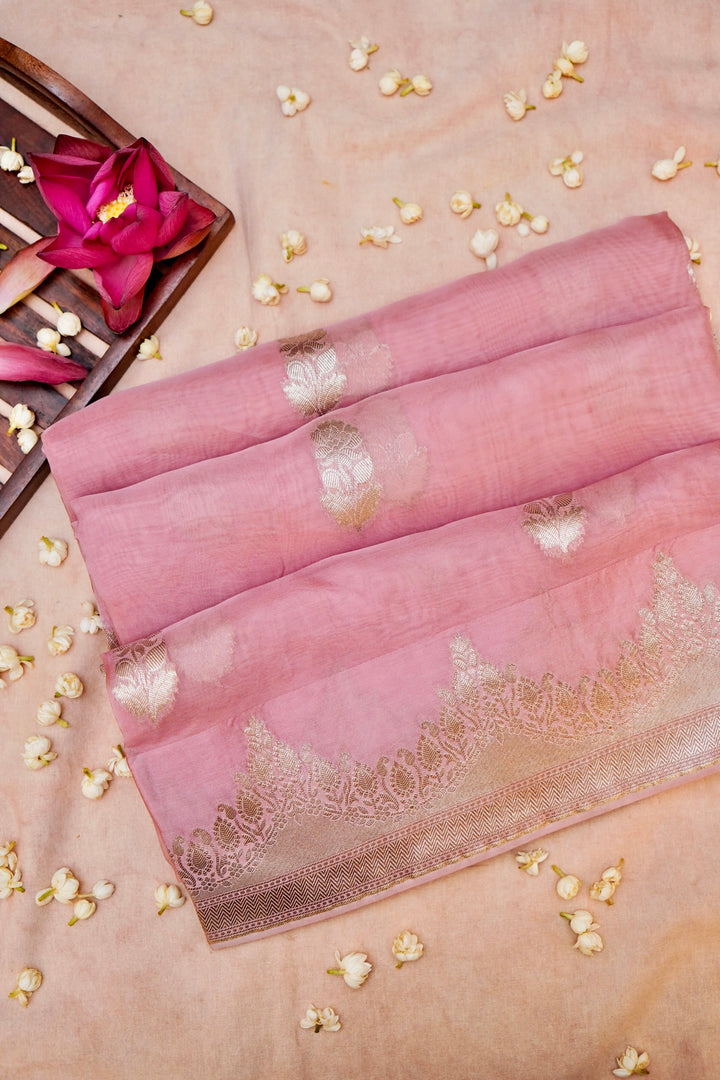 Charming Pink Banarasi Kora Silk Saree Handwoven Bootidar Design with Leheriya Border