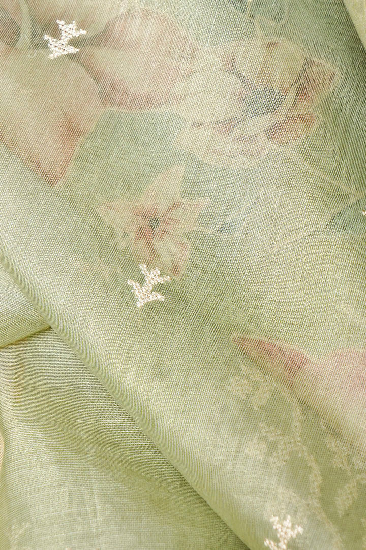 Pista Green Tissue Saree with Cross Stitch Resham Embroidery & Appliqué Work