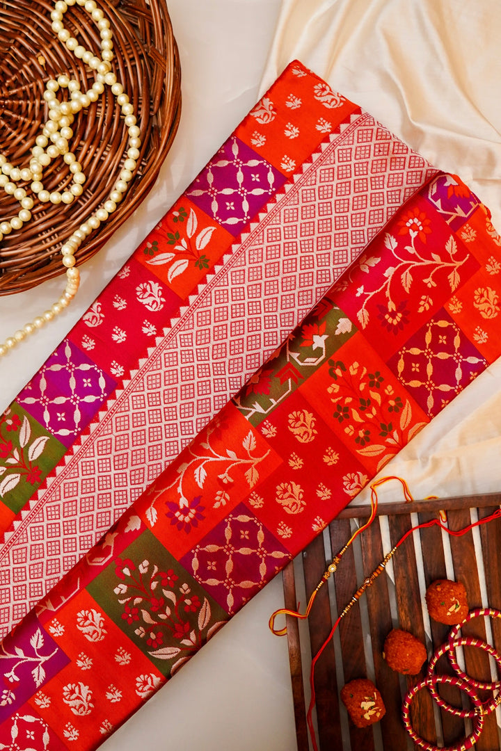Handwoven Red Rangkat Banarasi Pure Katan Silk Saree with Zari & Thread meenakari floral Motifs