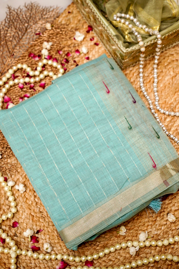Elegant Sky Blue Cotton Silk Saree with Zari Stripe Weave Paithani Pallu View 1