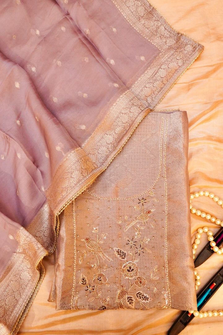 Mauve Banarasi Brocade Soft Silk Unstitched Suit Set with Hand Zardozi Embroidery Bird Motif