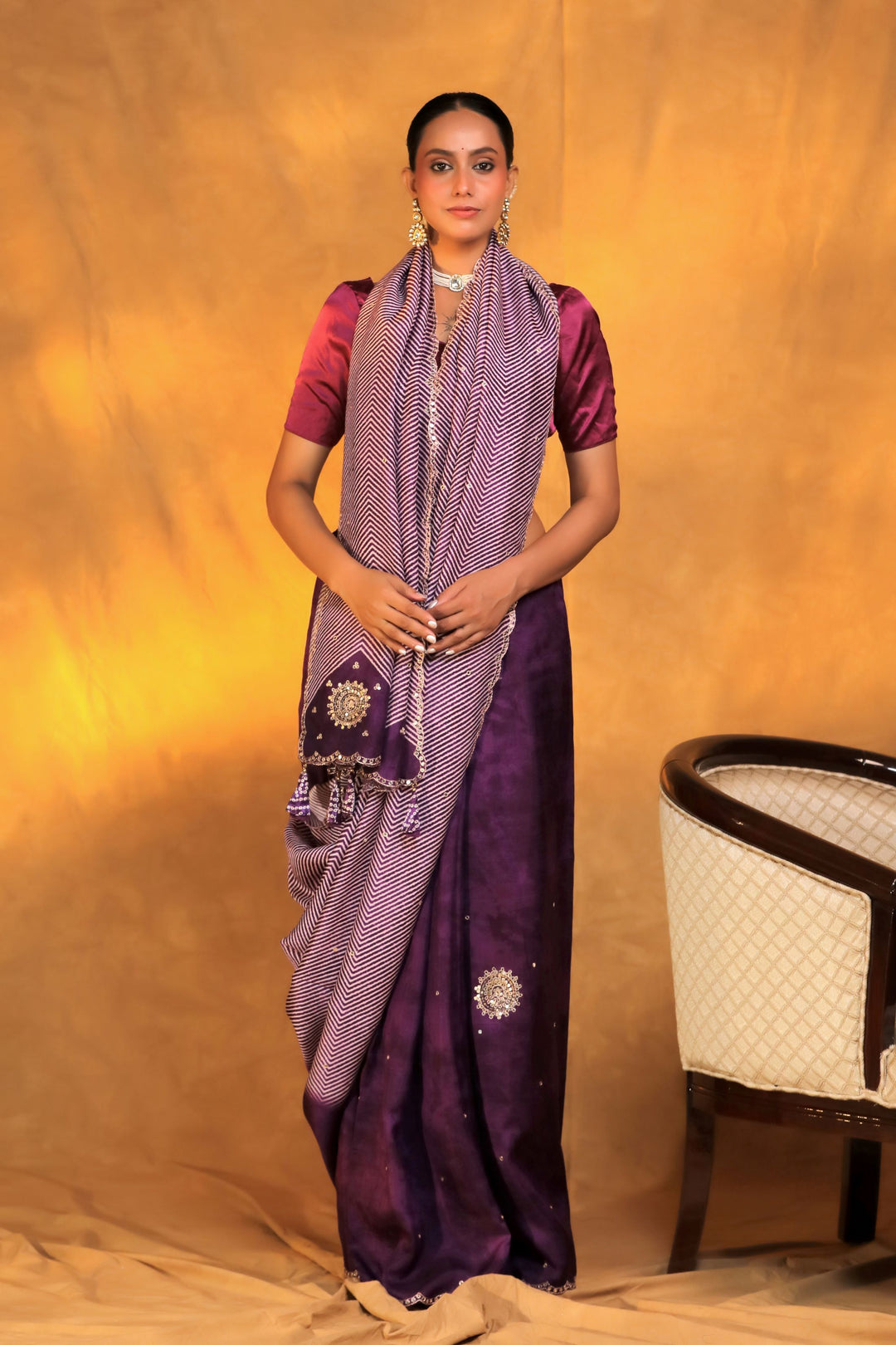 purple crepe silk geometric strip mirror work saree front view 3