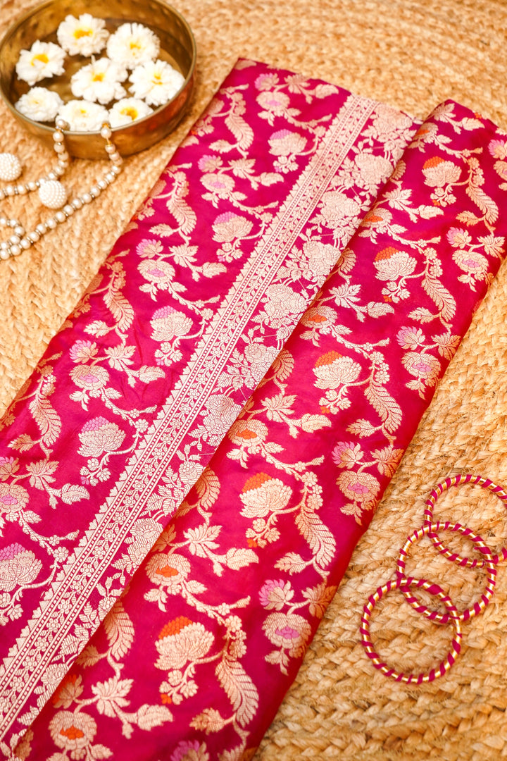 Pink Handloom Pure Katan Silk Meenakari Jangla Saree with Heavy Border & Pallu