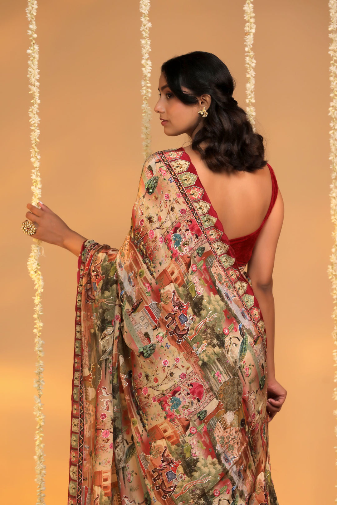 cherry red crepe silk katha embroidery figure motif saree back view 1
