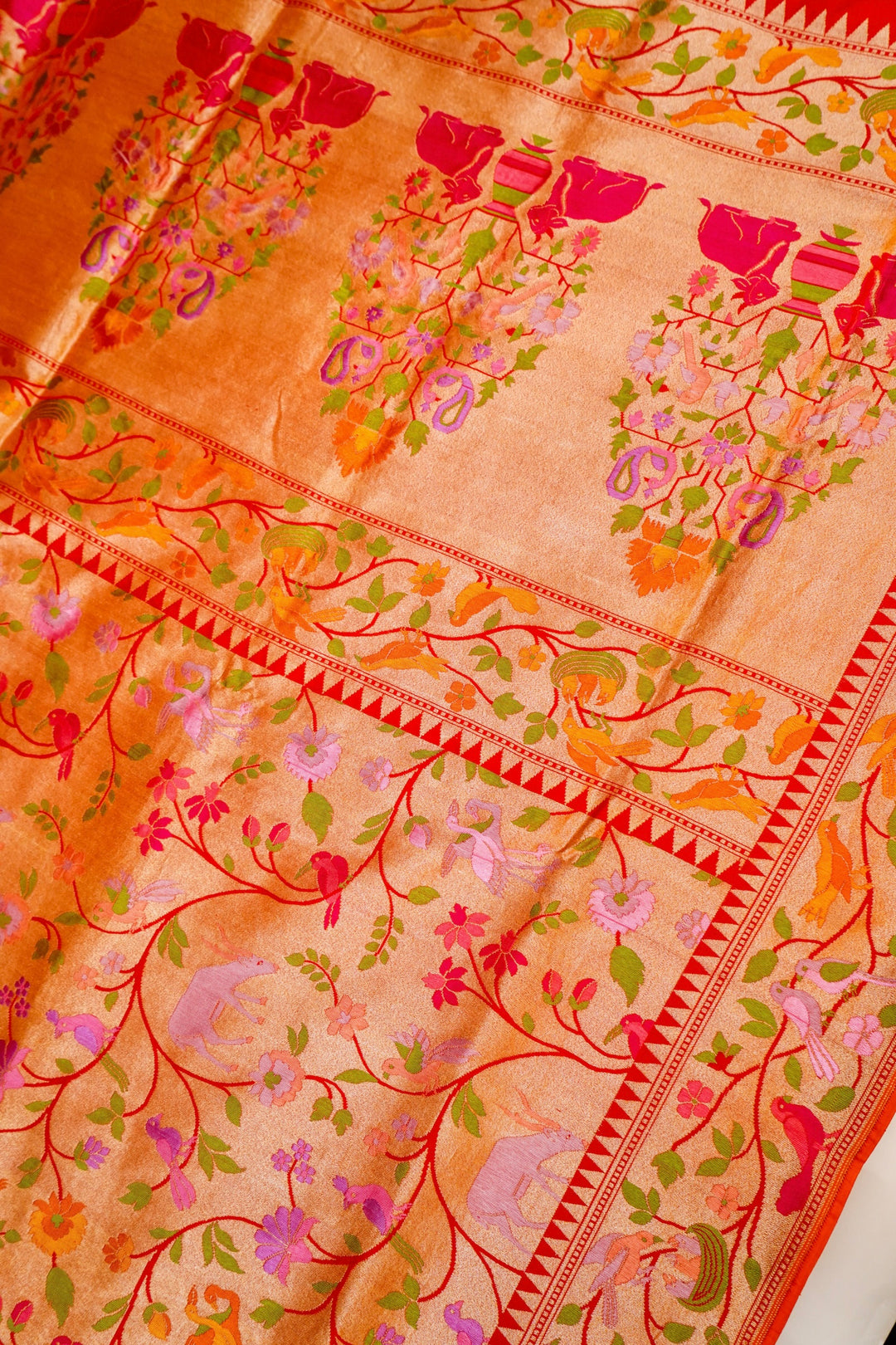 Handwoven Red Banarasi Pure Katan Silk Saree with Golden Zari Woven Animal & Bird Motifs
