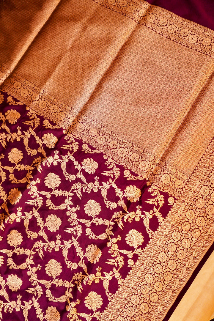 Wine Handwoven Banarasi Pure Katan Silk Upadda Jaal Saree with Jangla Zari Design