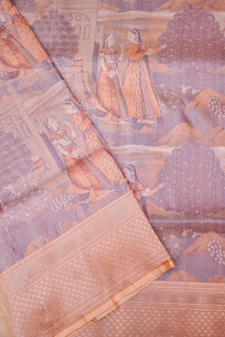 Luxury Peach Banarasi Katan Silk Saree – Handwoven with Delicate Figure Designs