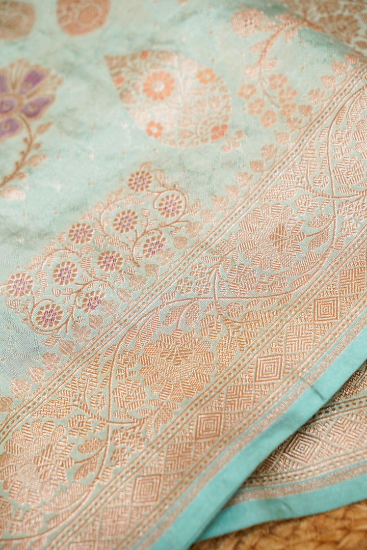 Handwoven Sea Green Pure Tissue Katan Silk Meenakari Jangla Saree