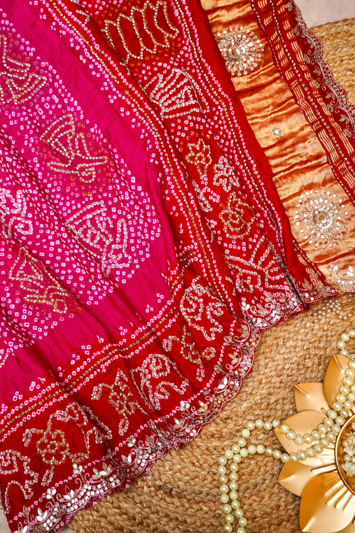 Gulabi Laal Gharchola Pure Gajji Dupatta with Gota Patti and Abla Work View 1