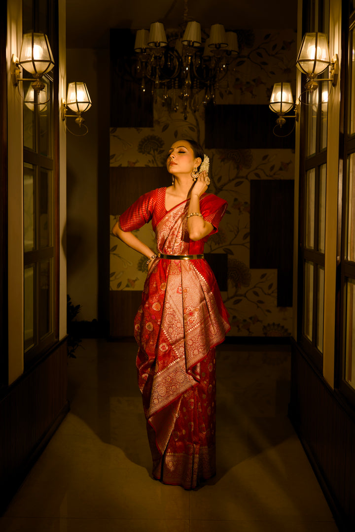 Red Bridal Handwoven Banarasi Jamawar Pure Katan Brocade Silk Meenakari Jaal Saree View 6