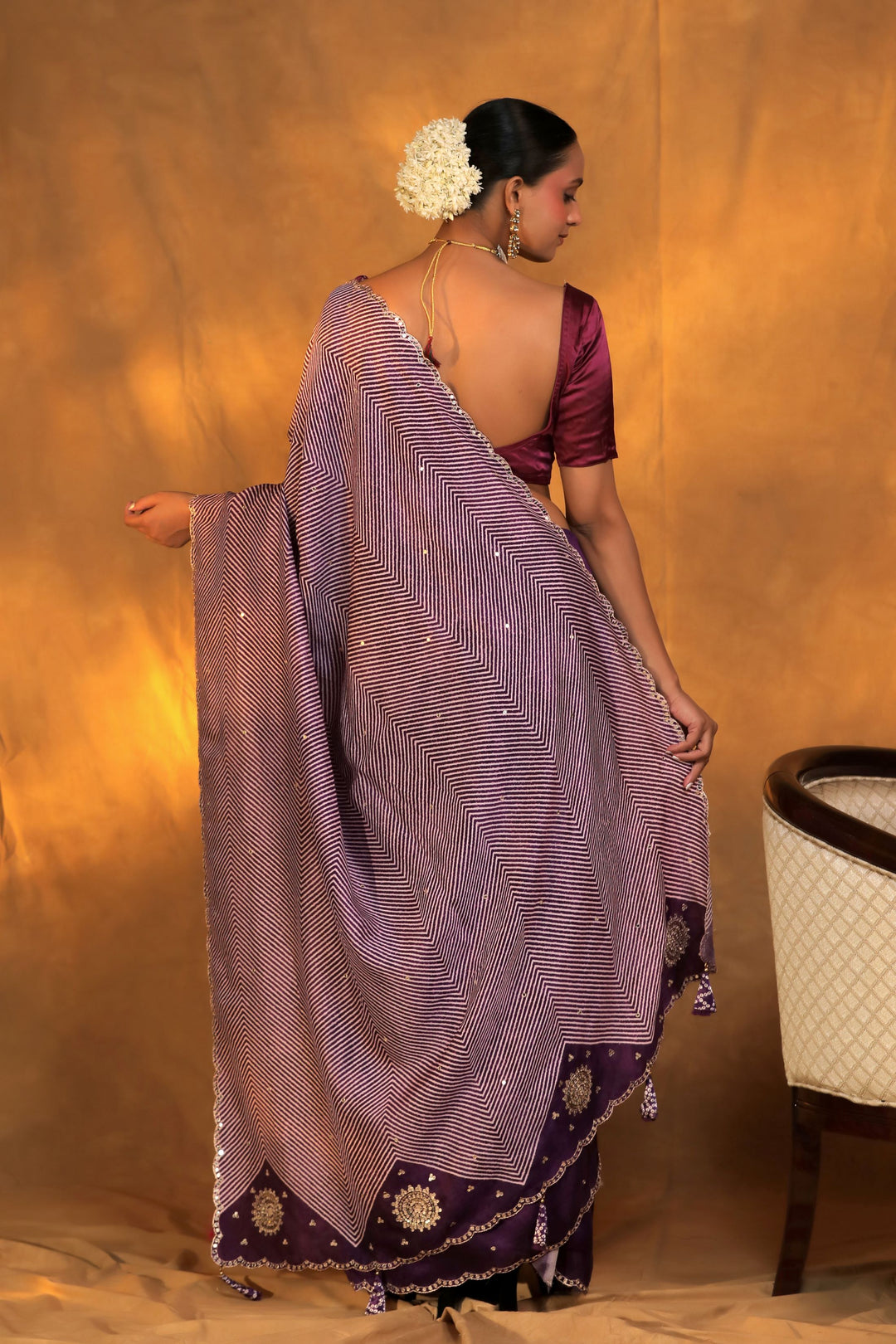purple crepe silk geometric strip mirror work saree back view