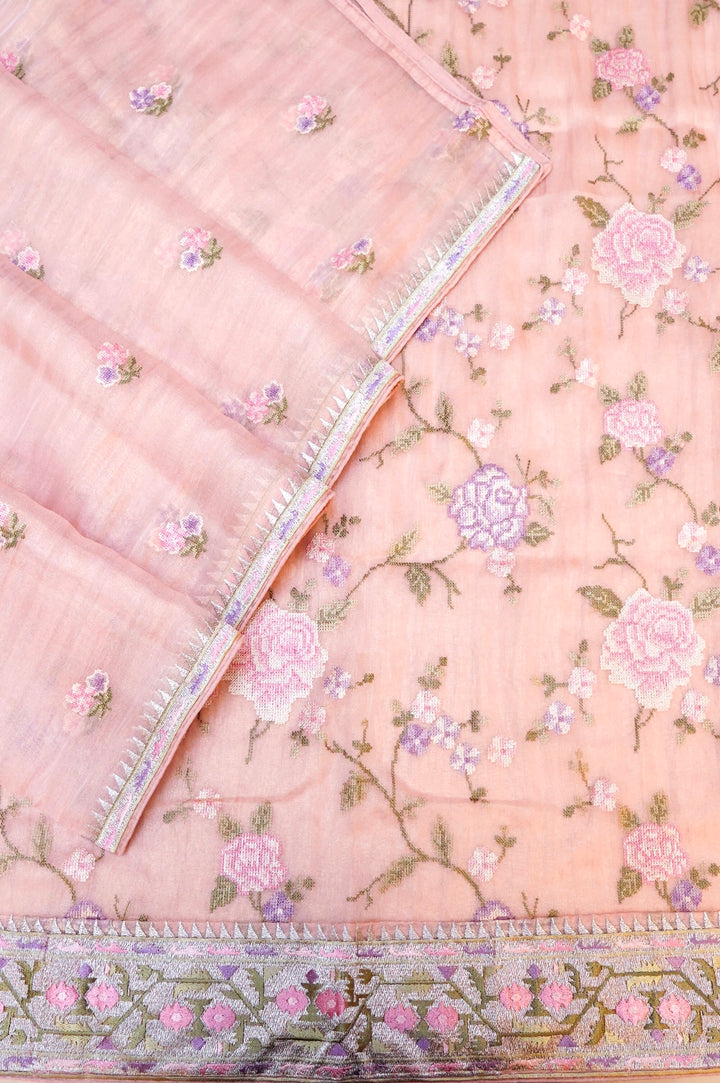Pastel Pink Banarasi Crush Tissue Silk Suit Set with Embroidery Work
