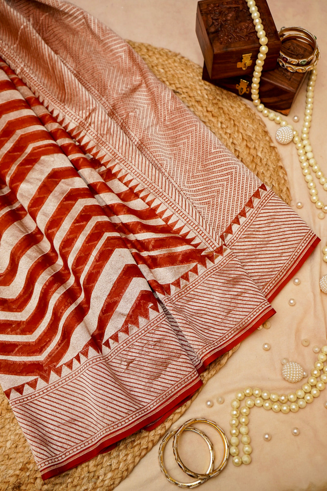 Red Handloom Pure Khaddi Georgette Chevron Pattern Saree View 1