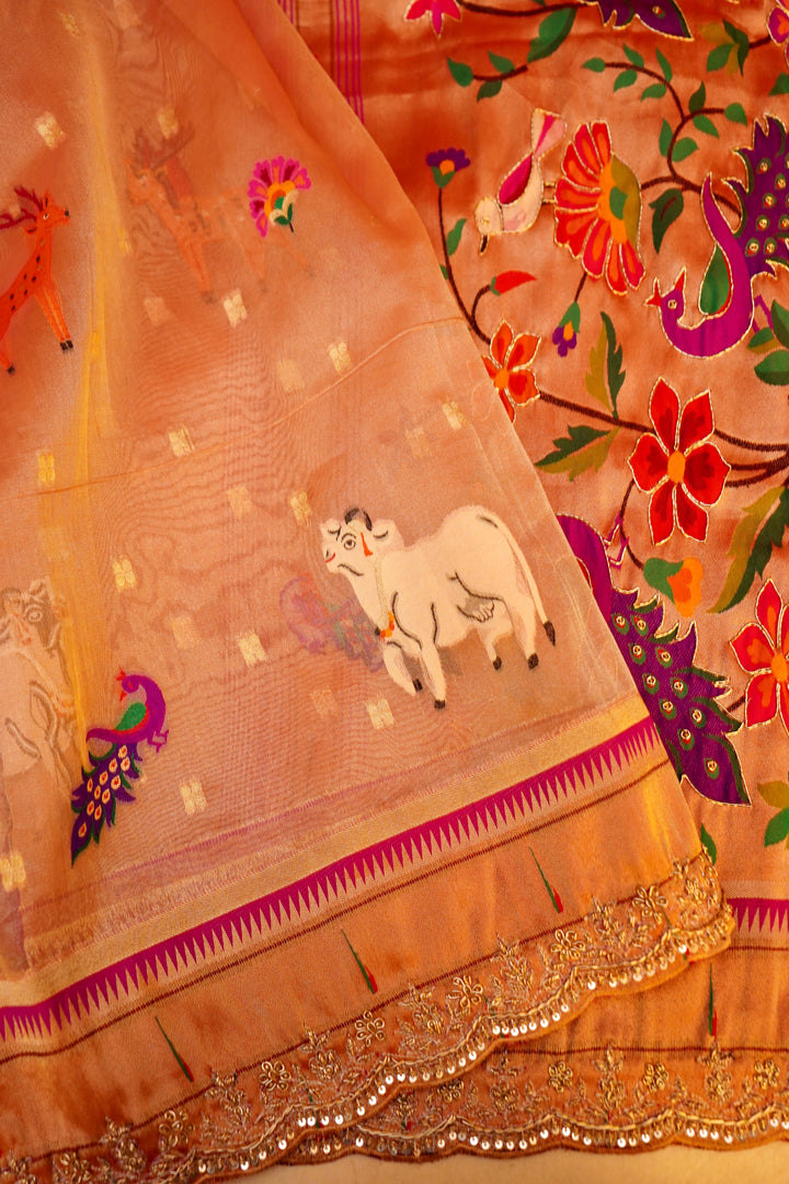 Handwoven Paithani Copper Gold Pure Tissue Silk Figure Motif Saree