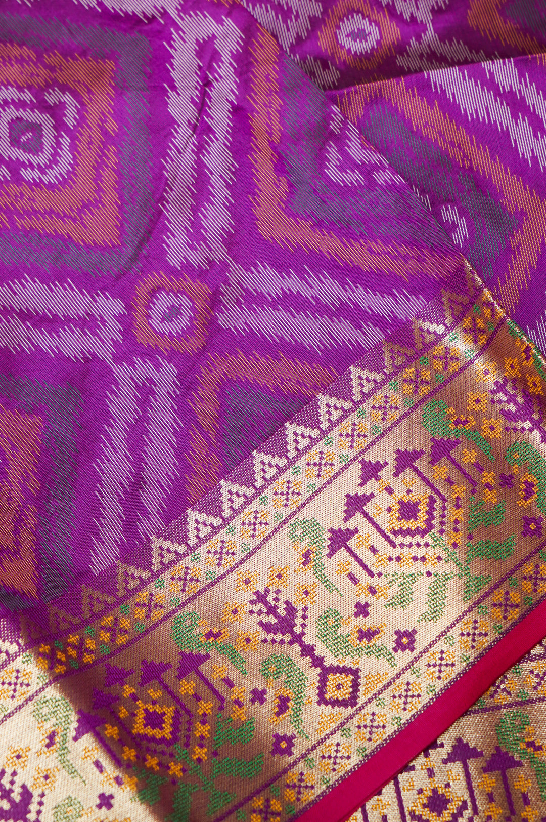 Dark Purple Soft Silk Ikat Inspired Saree with Golden Zari Heavy Border & Pallu