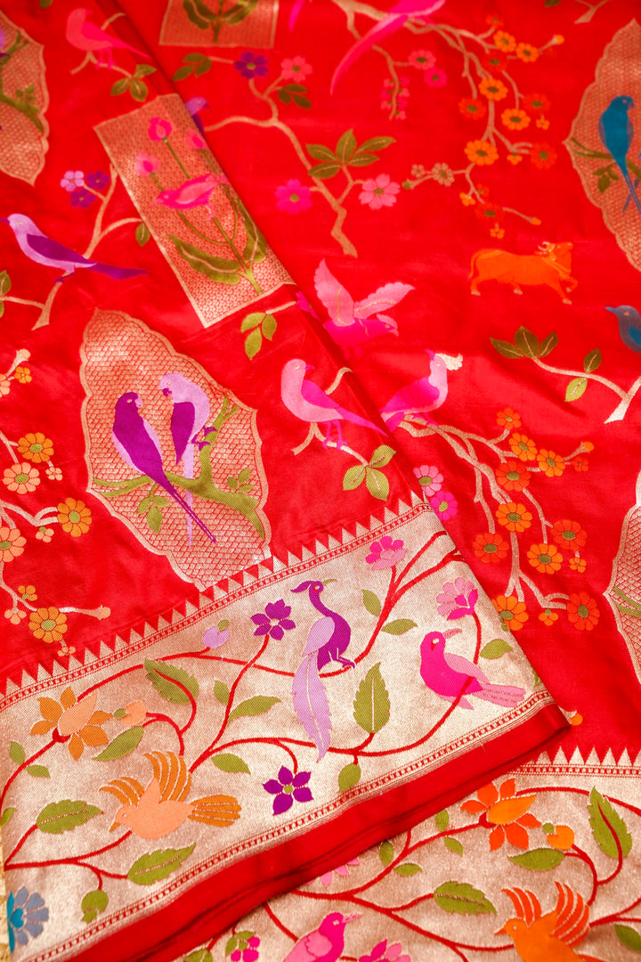 Red Pure Banarasi Handloom Katan Silk Kimkhwab Meenakari Birds Motif Saree