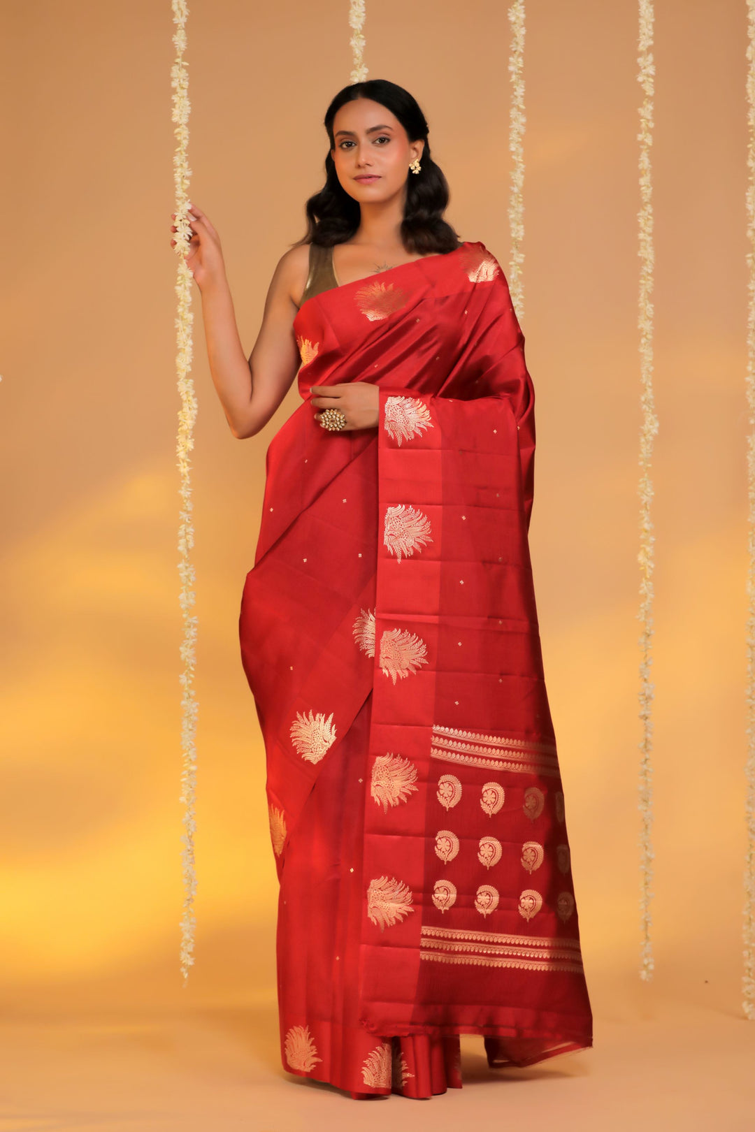 handwoven red banarasi pure mashru silk leopard motif saree front view 2