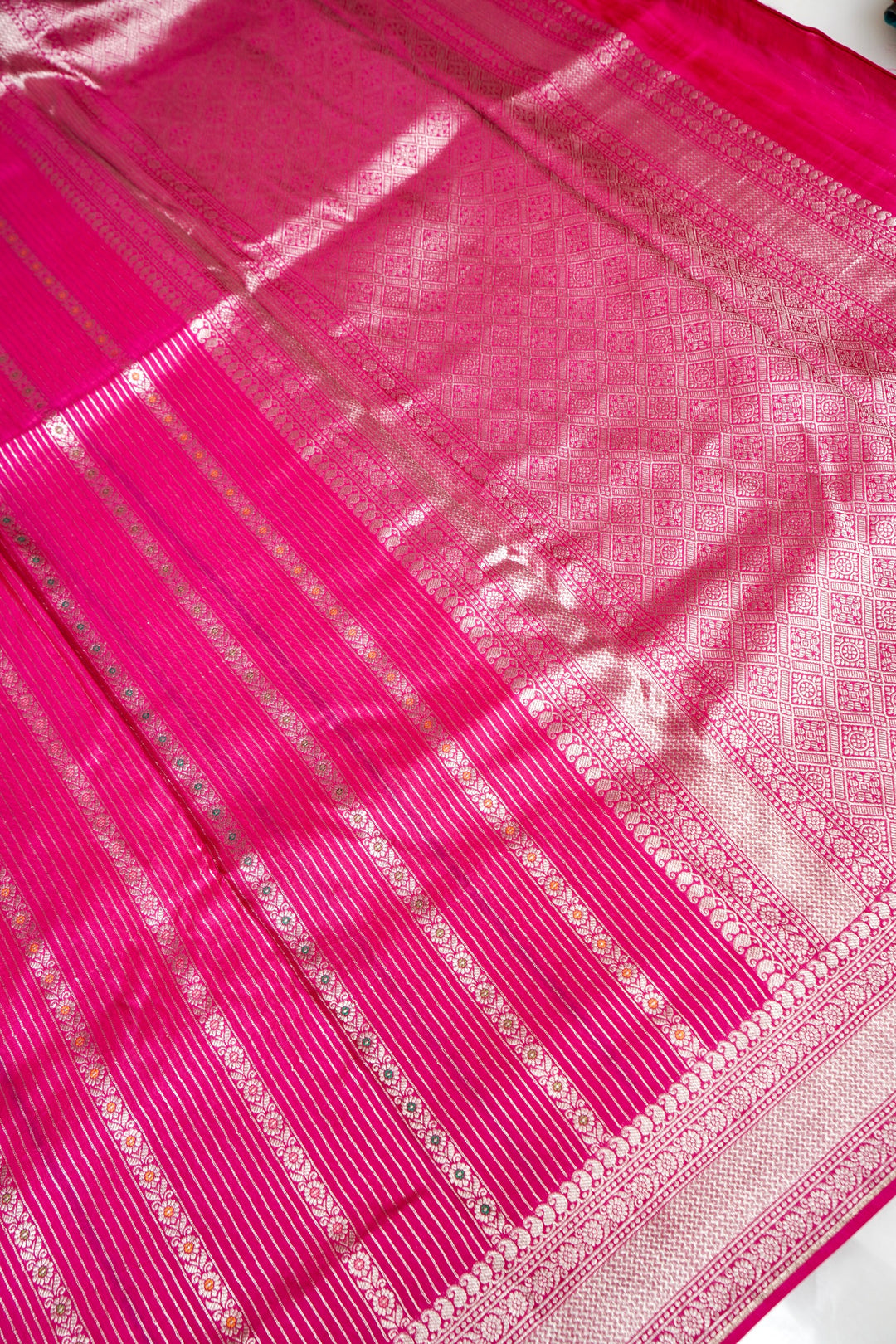 Pink Banarasi Soft Silk Bridal Saree with Meenakari Stripes