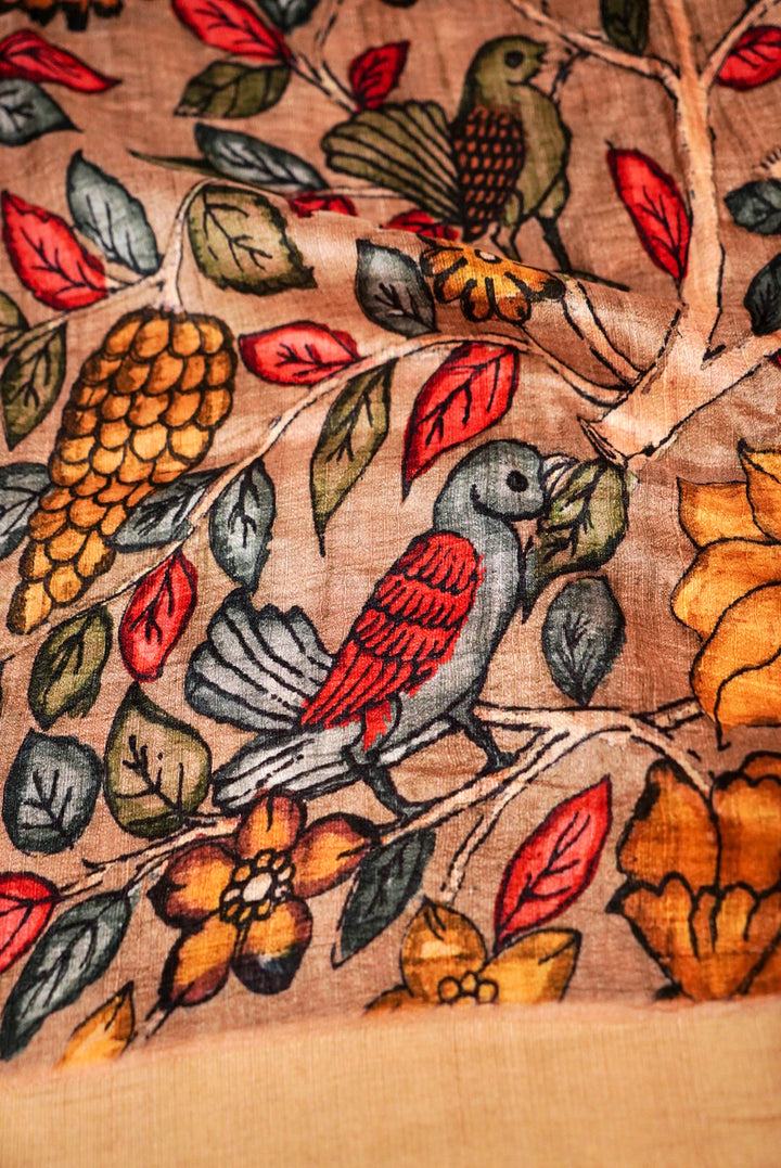 Tan Brown Tussar Silk Saree with Kalamkari Floral and Figure Print