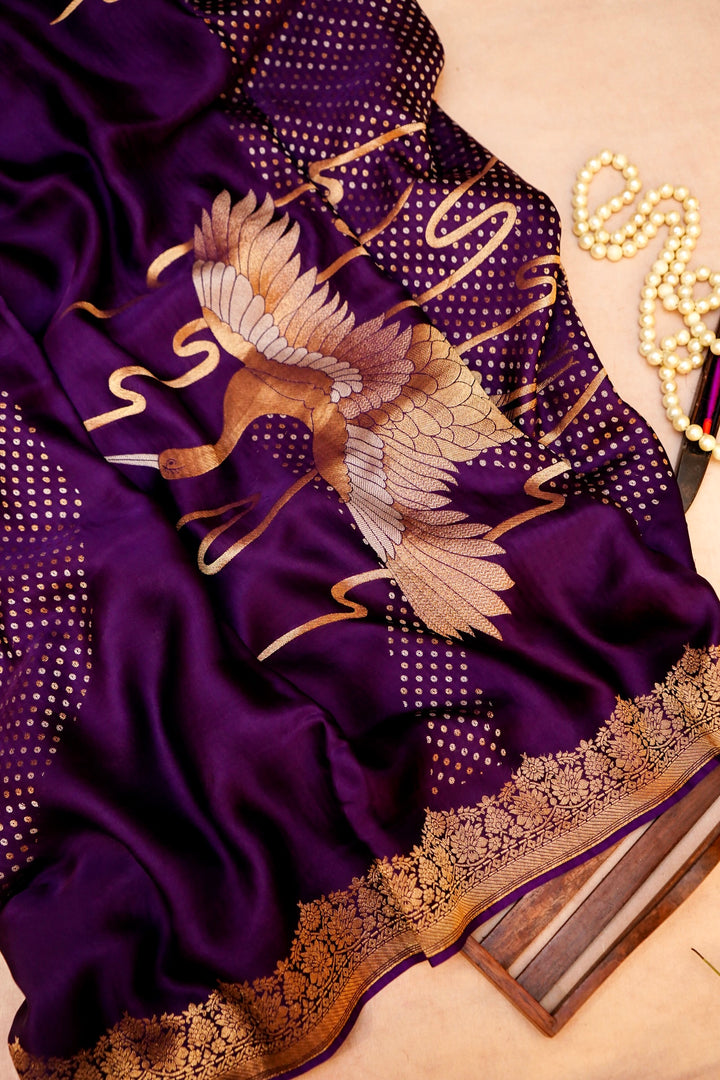Purple Banarasi Satin Crepe Bandhej Weaving Saree with Birds Motif