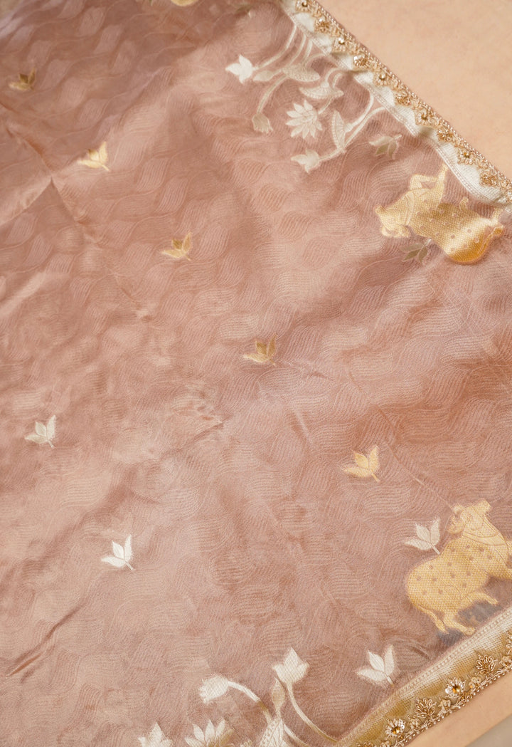 Rose Pink Tissue Silk Pichwai Inspired Sona Rupa Zari Weave Saree View 3