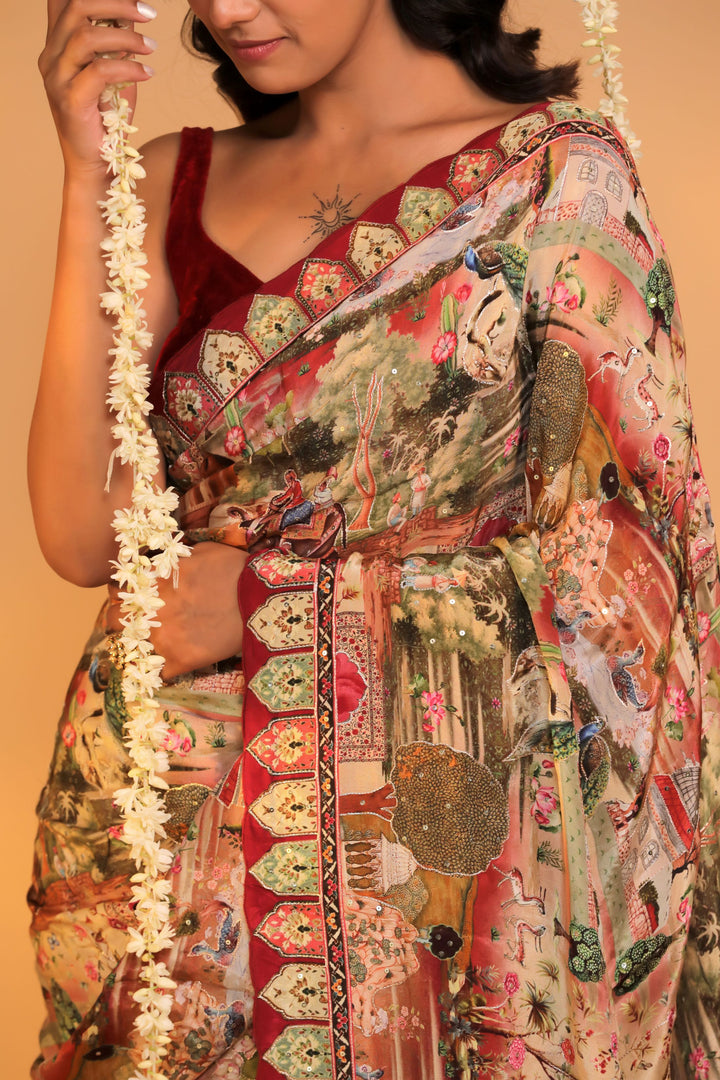 cherry red crepe silk katha embroidery figure motif saree closeup view 1