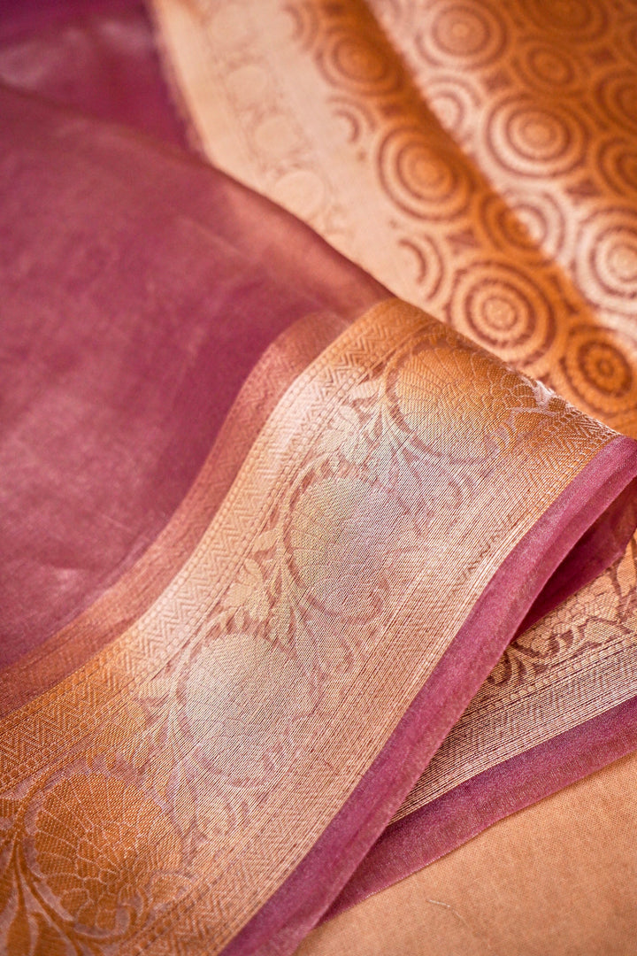 Grace in Bloom Pink Handwoven Copper Gold Tissue Silk Saree with Ornate Zari Border & Pallu