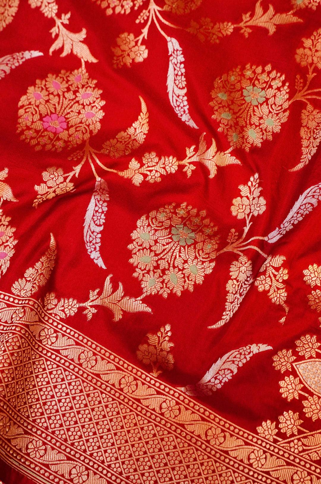 Regal Red Bridal Banarasi Pure Katan Silk Meenakari Jangla Saree