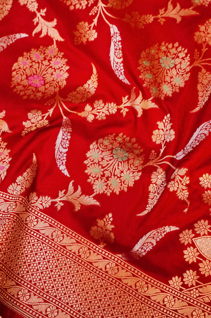 Regal Red Bridal Banarasi Pure Katan Silk Meenakari Jangla Saree