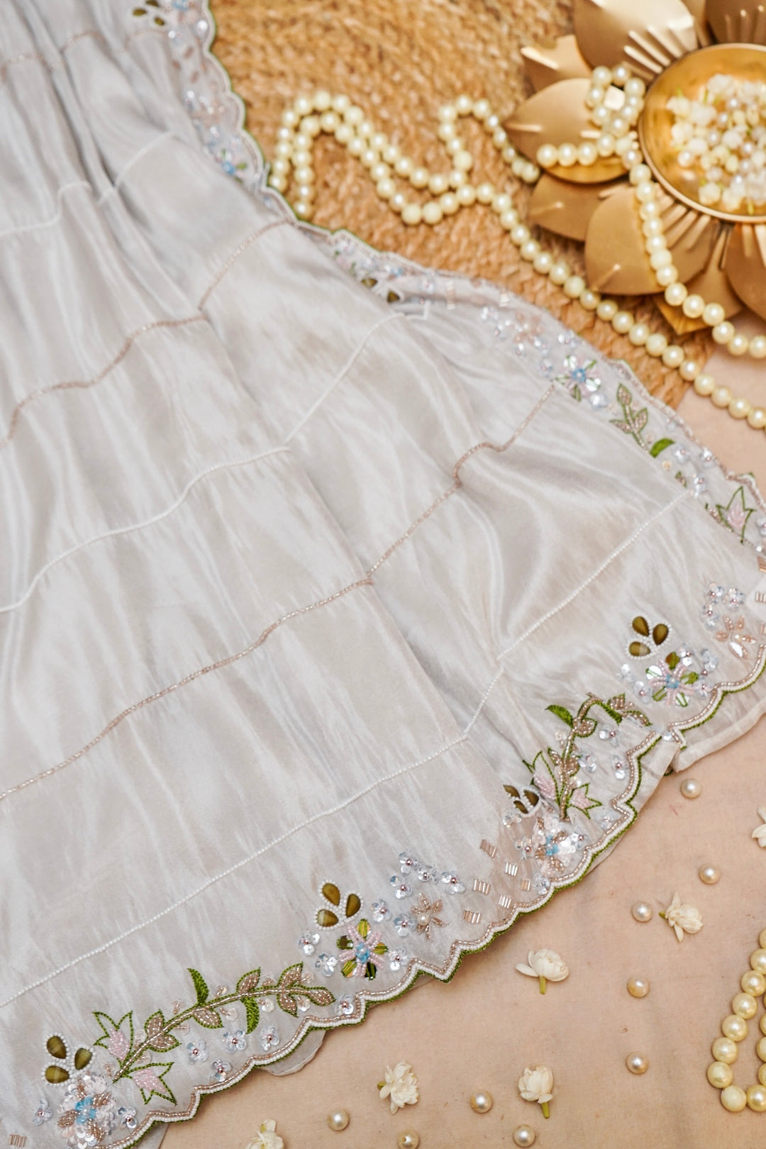Silver Enchanted Pure Crepe Tissue Saree with Cape Blouse View 1