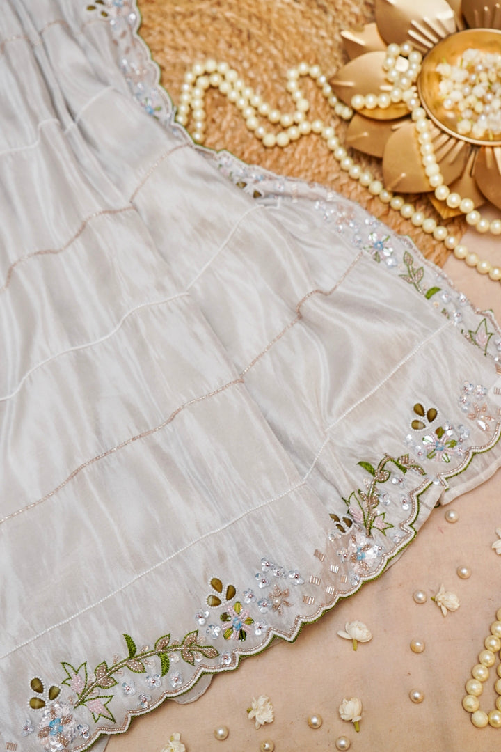 Silver Enchanted Pure Crepe Tissue Saree with Cape Blouse View 1