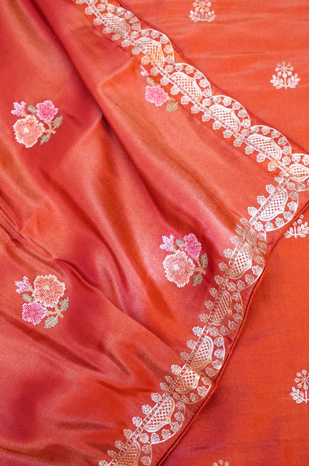 Orange Crepe Tissue Silk Suit Set with Pitta Zari and Embroidery Work