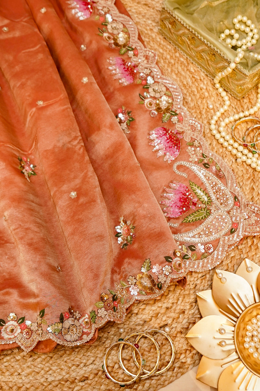 Apricot Orange Designer Tissue Silk Saree with Pichwai Lotus Embroidery View 1