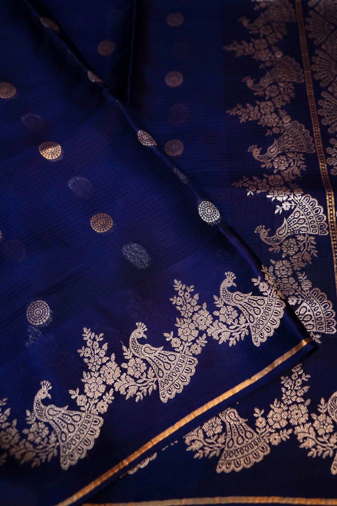 Navy Blue Kota Check Saree with Birds Motif Silk Border