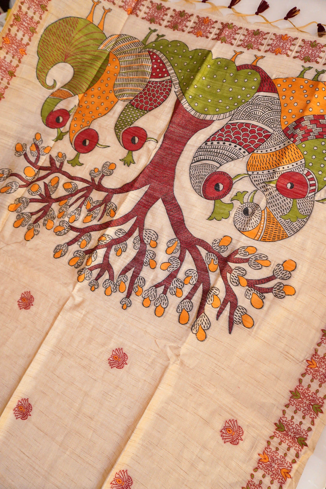 Cream Tussar Silk Saree with Meenakari Border &amp; Peacock Motif Pallu