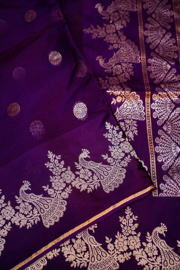 Purple Kota Check Saree with Birds Motif Silk Border