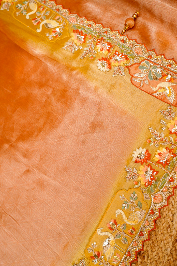 Designer Rust Orange Tissue Silk Meenakari Embroidery Saree View 5