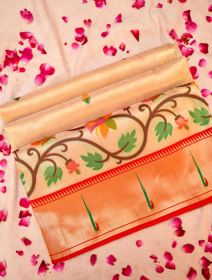Beige Gold Banarasi Tissue Silk Saree with Contrast Paithani Border & Pallu