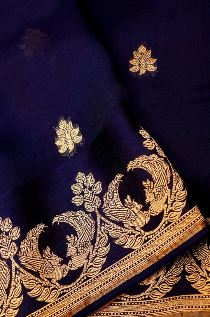 Dark Blue Organza Saree with Elegant Satin Silk Border